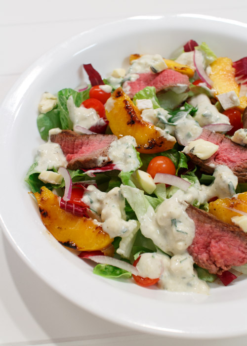 Grilled Steak and Peach Salad with Homemade Blue Cheese Dressing