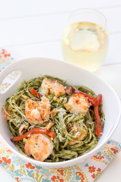 Kale and Walnut Pesto Pasta with Lemon Shrimp