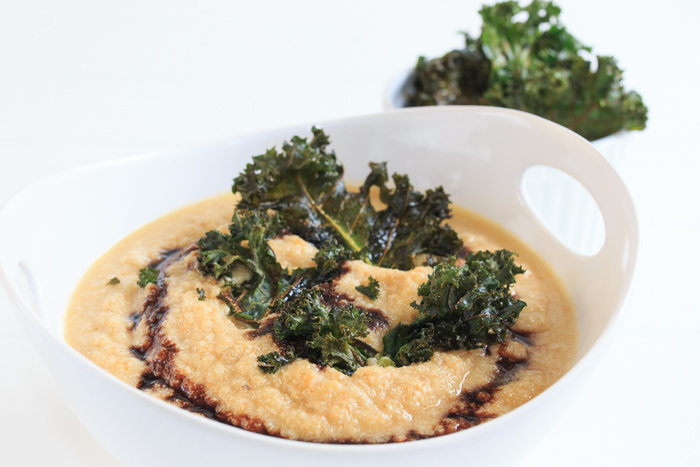 Roast Cauliflower and Garlic Soup with Crispy Kale Chips and a Balsamic Drizzle