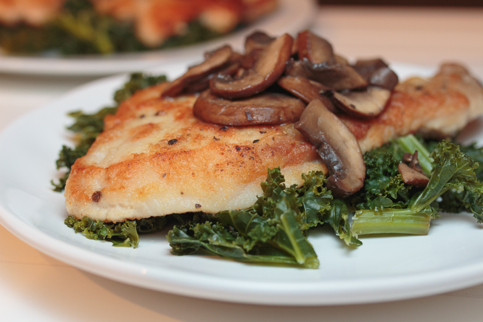 Dredged Pork Cutlets with Mushrooms & Kale