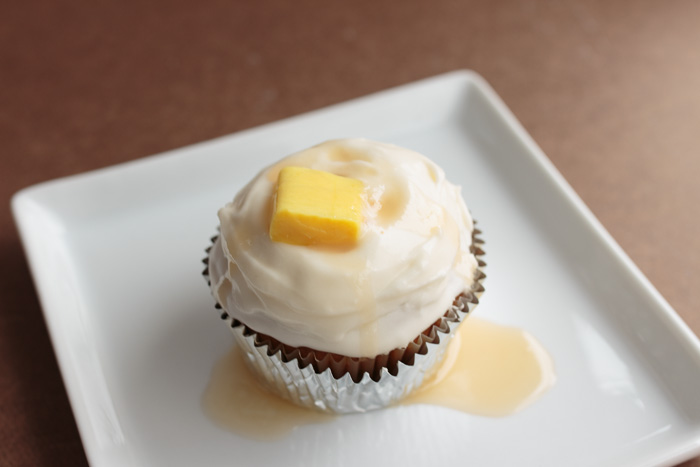 April Fool’s Pumpkin Cupcakes with Cream Cheese Frosting and Salted Butter Caramel Sauce