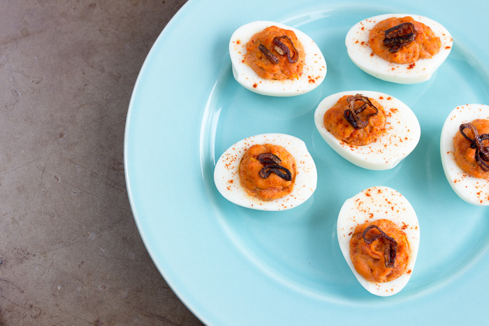 Sun-dried Tomato and Smoked Paprika Deviled Eggs with Crispy Shallots