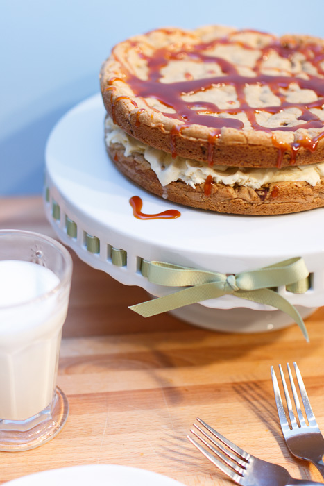 Coffee Ice Cream Cookie Sandwich Cake with Salted Butter Caramel Sauce