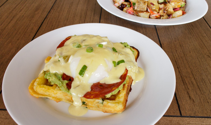 Eggs Benedict Over Cheddar Scallion Waffles  |  Lemon & Mocha