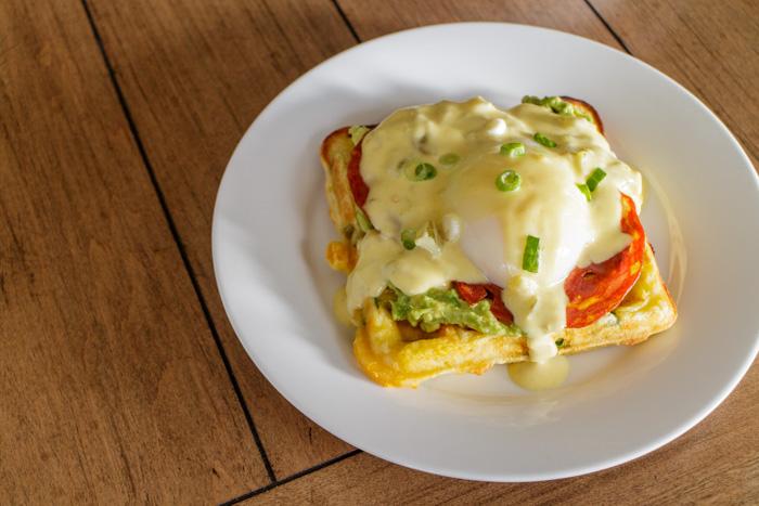 Eggs Benedict Over Cheddar Scallion Waffles  |  Lemon & Mocha