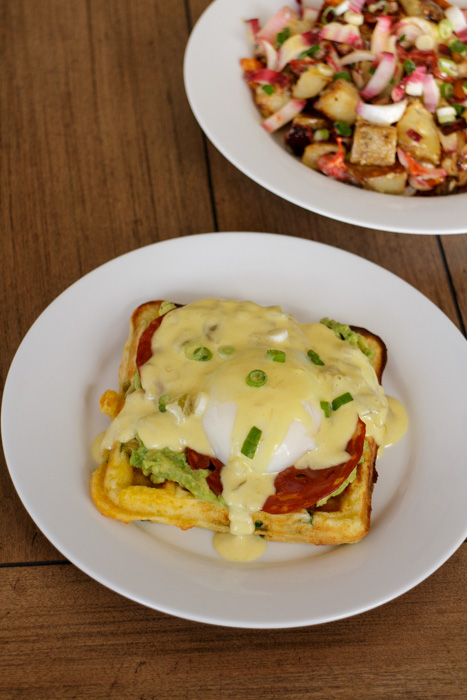 Eggs Benedict Over Cheddar Scallion Waffles with Crispy Chorizo ...