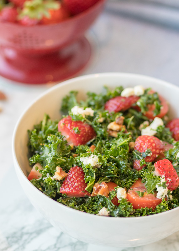 Strawberry Kale Salad with Goat Cheese & Pecans