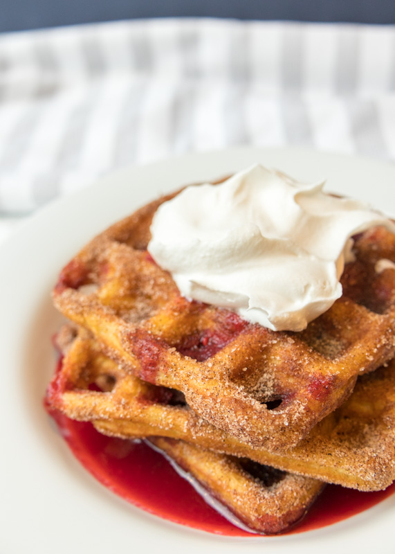 Churro Waffles with Raspberry Sauce