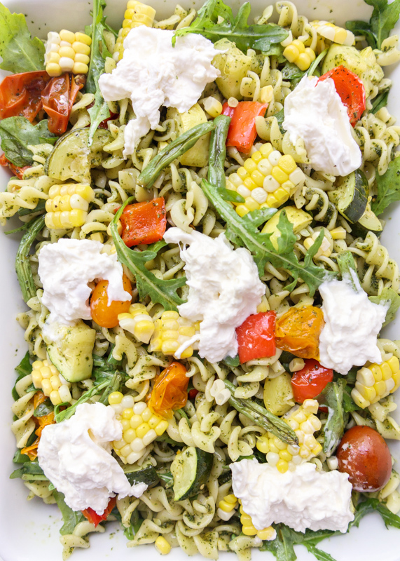 Summer Roasted Veggie Pesto Pasta Salad with Burrata  |  Lemon & Mocha