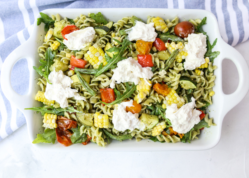 Summer Roasted Veggie Pesto Pasta Salad with Burrata  |  Lemon & Mocha