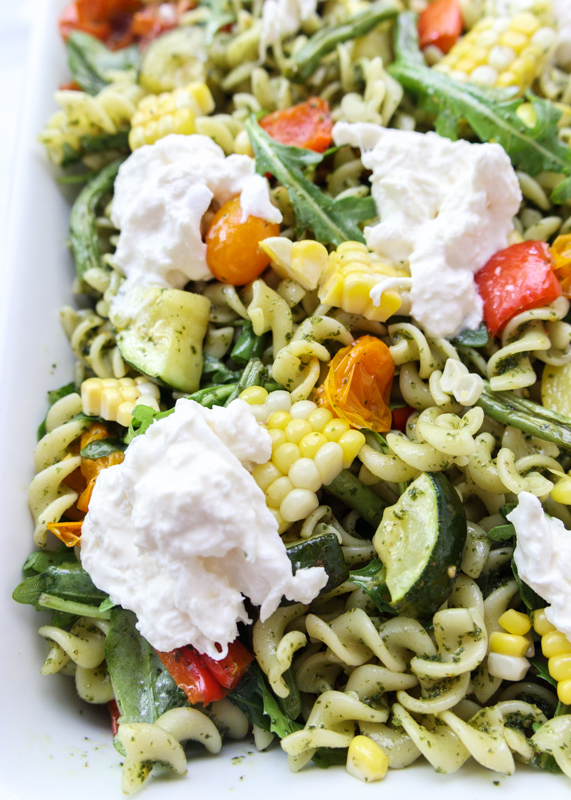 Summer Roasted Veggie Pesto Pasta Salad with Burrata  |  Lemon & Mocha