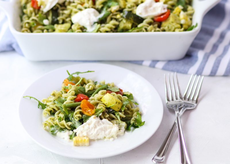 Summer Roasted Veggie Pesto Pasta Salad with Burrata  |  Lemon & Mocha