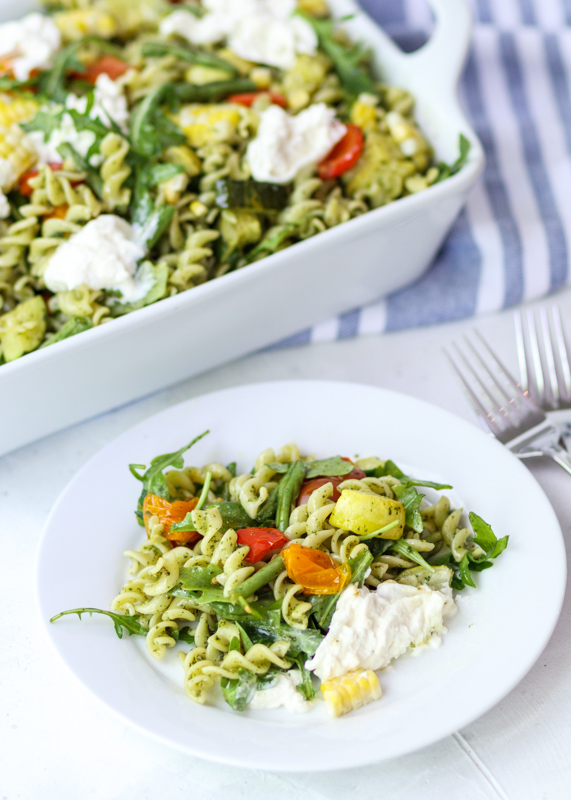 Summer Roasted Veggie Pesto Pasta Salad with Burrata