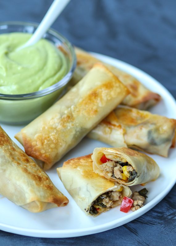 Southwest Turkey Baked Egg Rolls with an Avocado Dipping Sauce