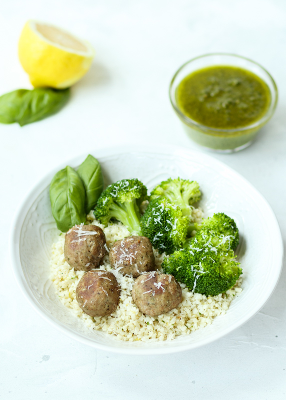 Baked Pesto Turkey Meatballs over Lemon Cauliflower Rice  |  Lemon & Mocha