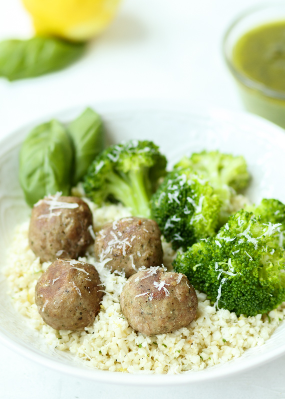 Baked Pesto Turkey Meatballs over Lemon Cauliflower Rice  |  Lemon & Mocha