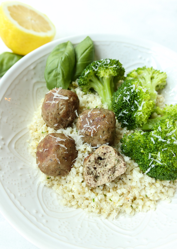 Baked Pesto Turkey Meatballs over Lemon Cauliflower Rice  |  Lemon & Mocha