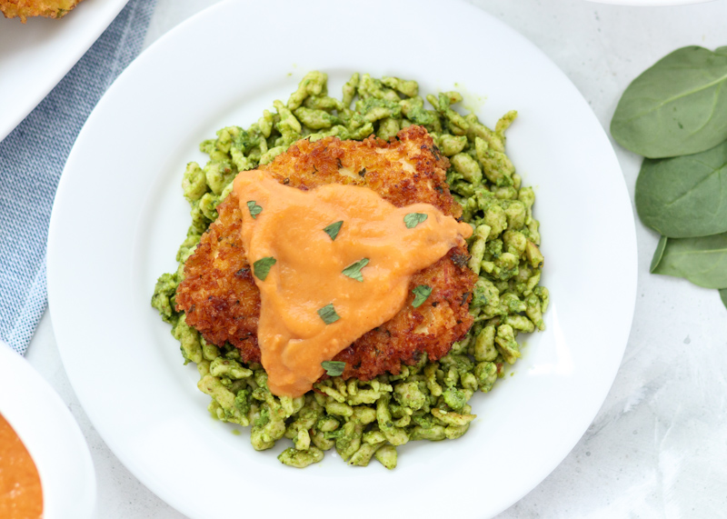 Chicken Schnitzel & Pesto Spaetzle with a Cauliflower Sun-dried Tomato Sauce  |  Lemon & Mocha