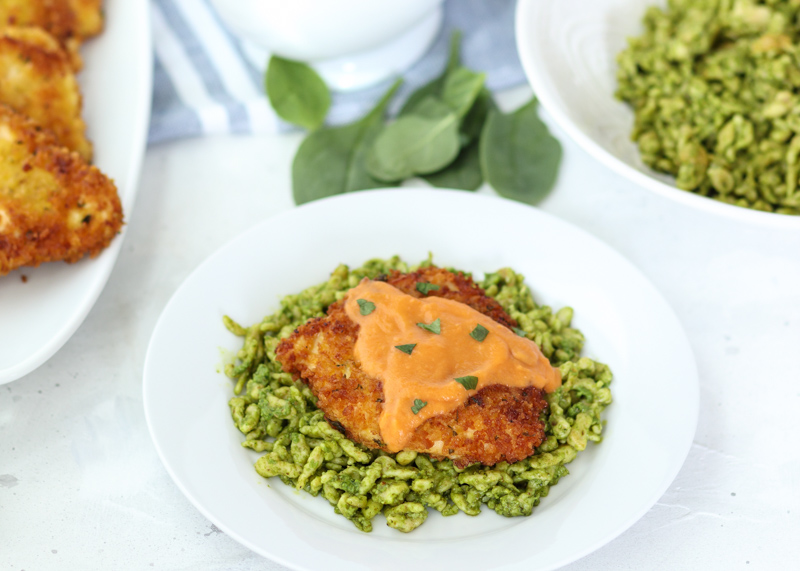 Chicken Schnitzel & Pesto Spaetzle with a Cauliflower Sun-dried Tomato Sauce  |  Lemon & Mocha