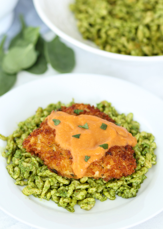 Chicken Schnitzel & Pesto Spaetzle with a Cauliflower Sun-dried Tomato Sauce