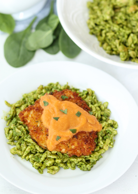 Chicken Schnitzel & Pesto Spaetzle with a Cauliflower Sun-dried Tomato Sauce  |  Lemon & Mocha