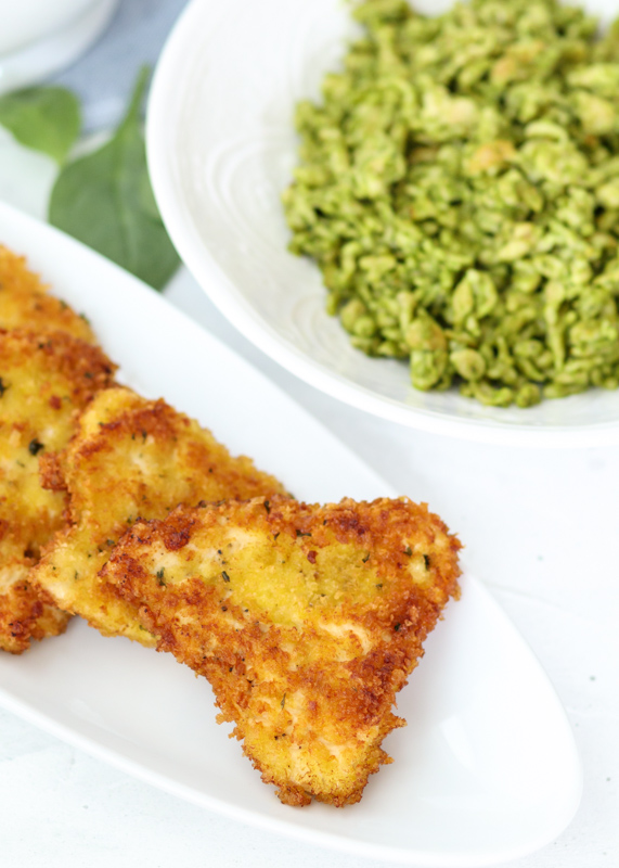 Chicken Schnitzel & Pesto Spaetzle with a Cauliflower Sun-dried Tomato Sauce  |  Lemon & Mocha