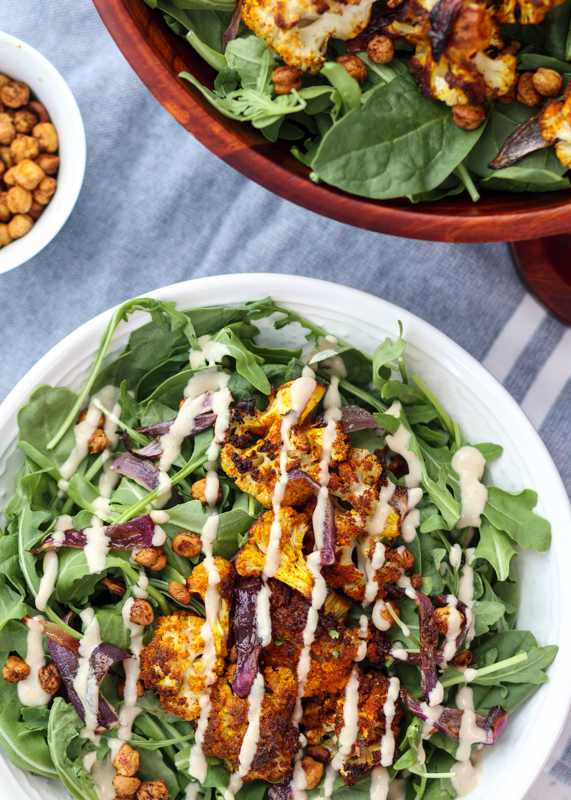 Fall Spinach and Arugula Salad with Turmeric Roasted Cauliflower, Crispy Chickpeas and Tahini Dressing  |  Lemon & Mocha