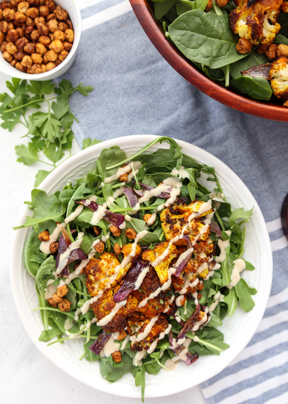 Fall Spinach and Arugula Salad with Turmeric Roasted Cauliflower, Crispy Chickpeas and Tahini Dressing  |  Lemon & Mocha