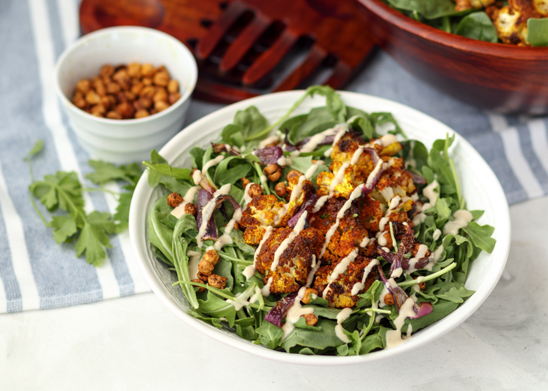 Fall Spinach and Arugula Salad with Turmeric Roasted Cauliflower, Crispy Chickpeas and Tahini Dressing  |  Lemon & Mocha