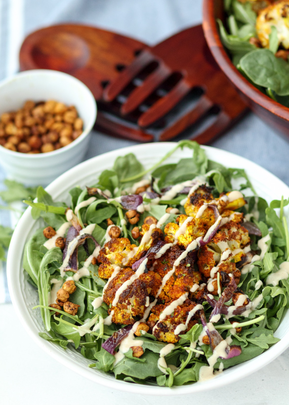 Fall Spinach and Arugula Salad with Turmeric Roasted Cauliflower, Crispy Chickpeas and Tahini Dressing  |  Lemon & Mocha