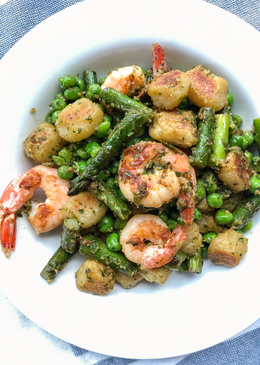 Baked Trader Joe’s Cauliflower Gnocchi with Crispy Shrimp and Pesto