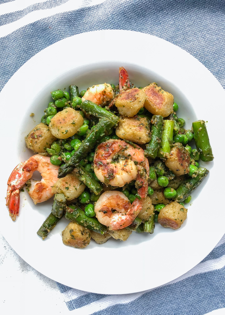 Baked Trader Joe’s Cauliflower Gnocchi with Crispy Shrimp and Pesto  |  Lemon & Mocha