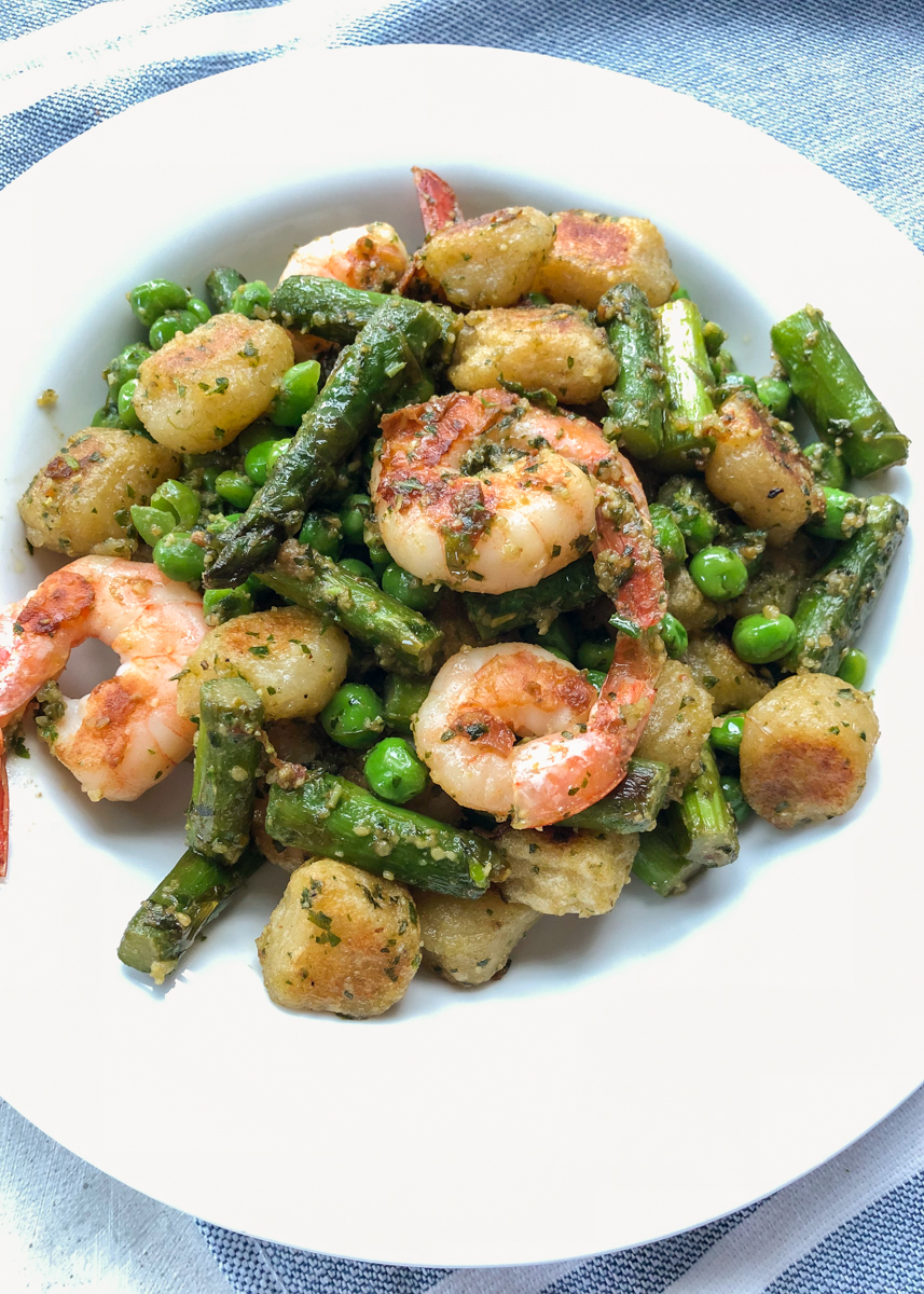 Baked Trader Joe’s Cauliflower Gnocchi with Crispy Shrimp and Pesto  |  Lemon & Mocha