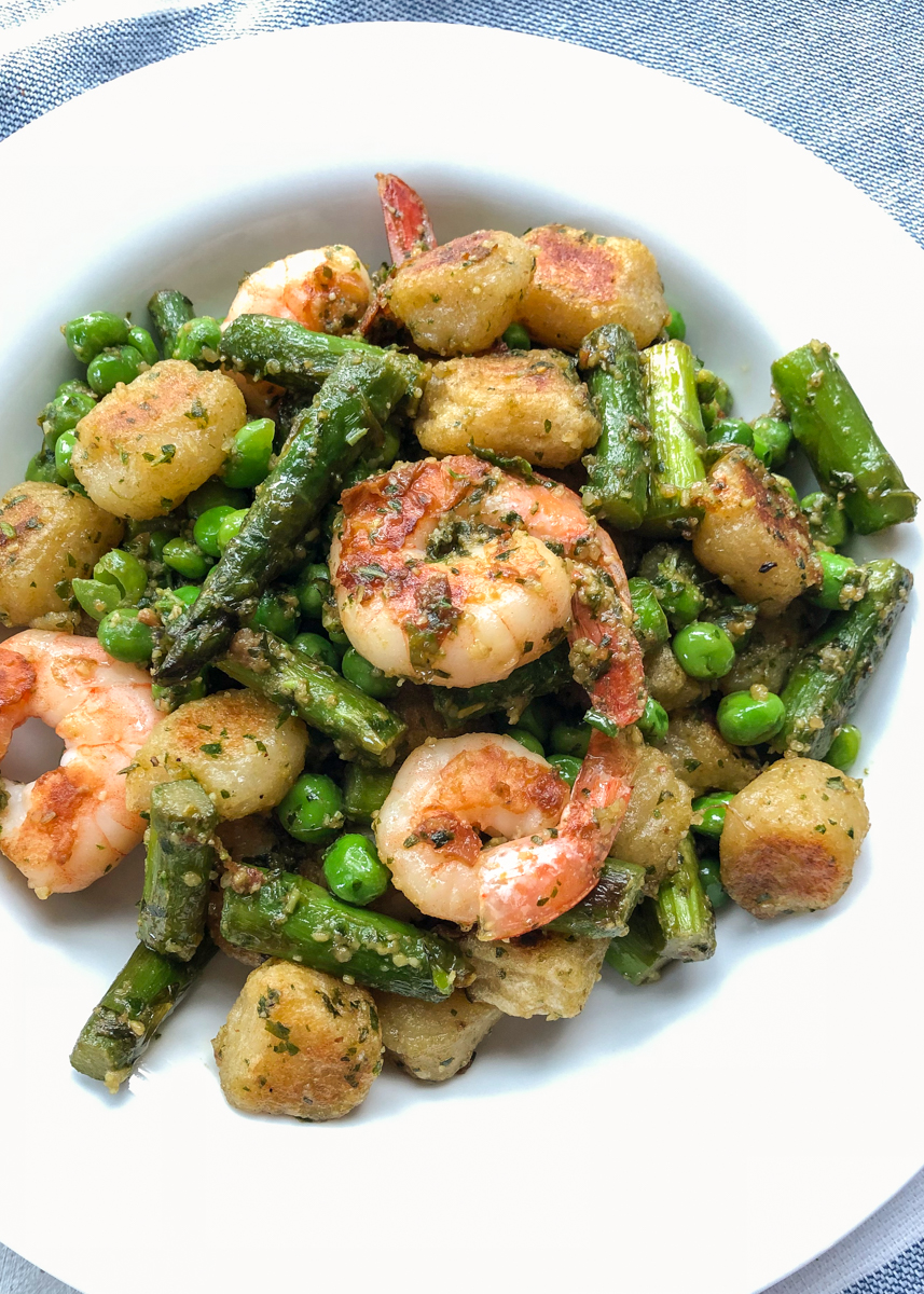 Baked Trader Joe’s Cauliflower Gnocchi with Crispy Shrimp and Pesto  |  Lemon & Mocha