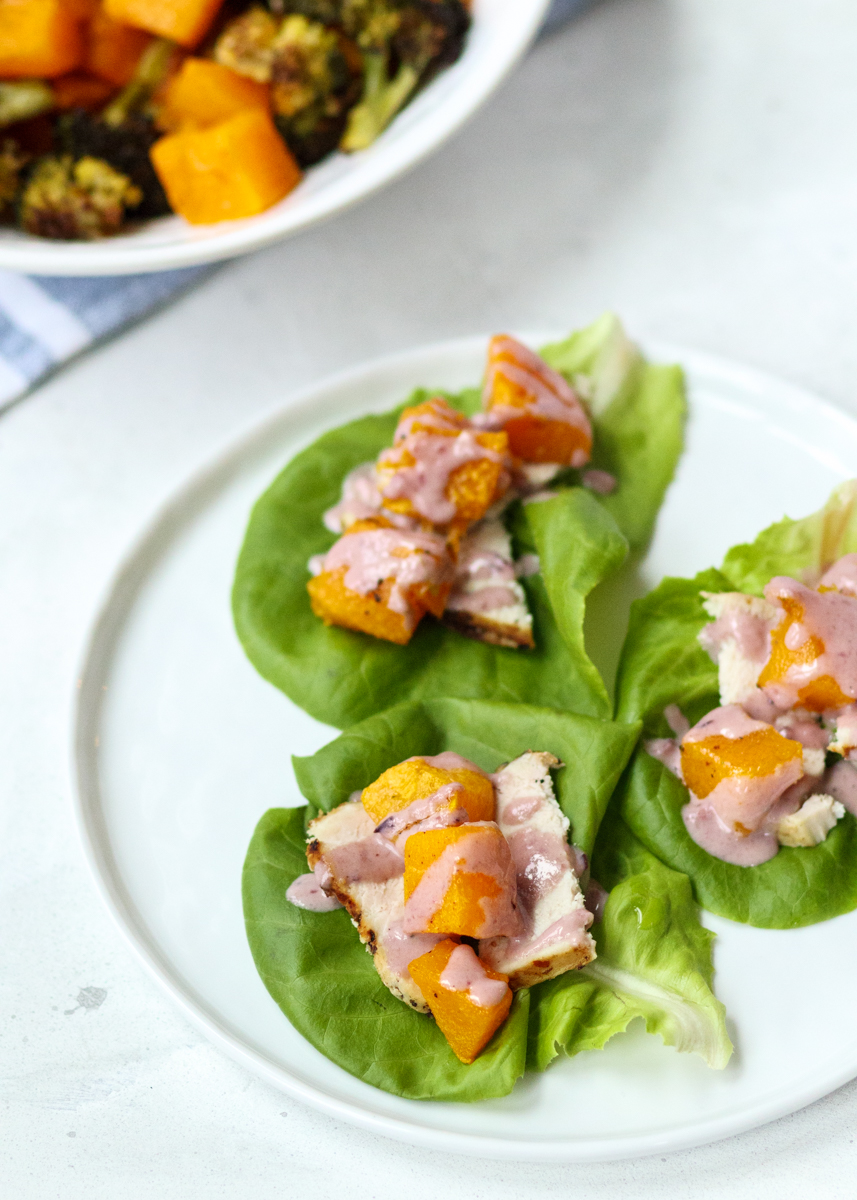 Leftover Turkey Lettuce Wraps with Cranberry Tahini Sauce