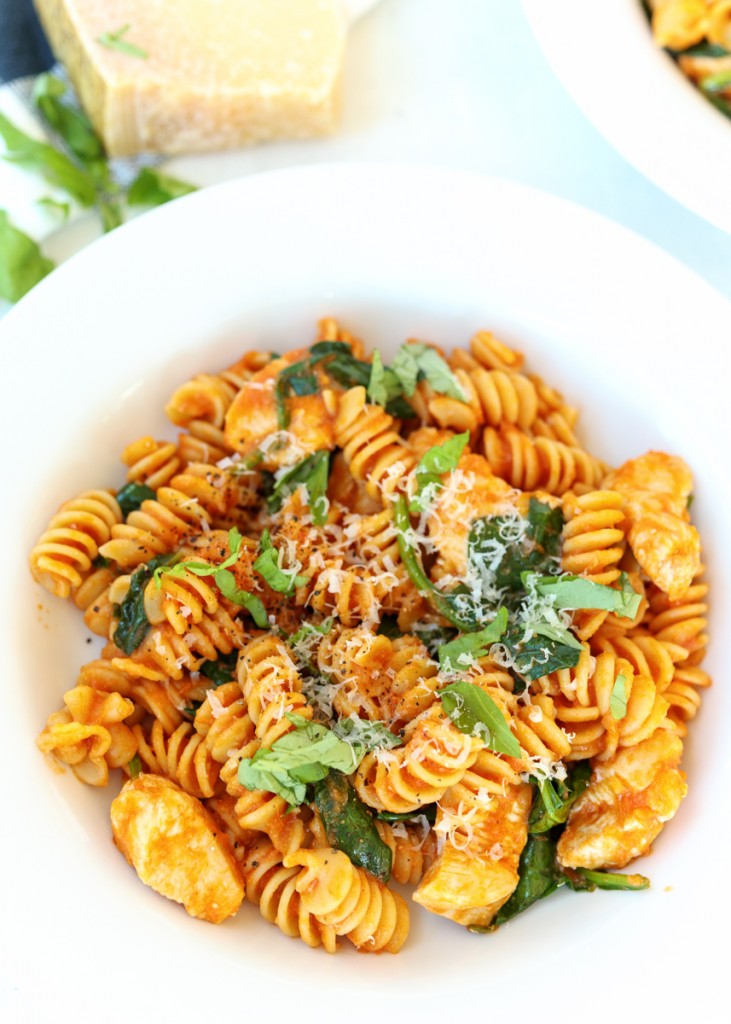 Skinny Chicken Fusilli Alla Vodka with Basil, Spinach and Parmesan