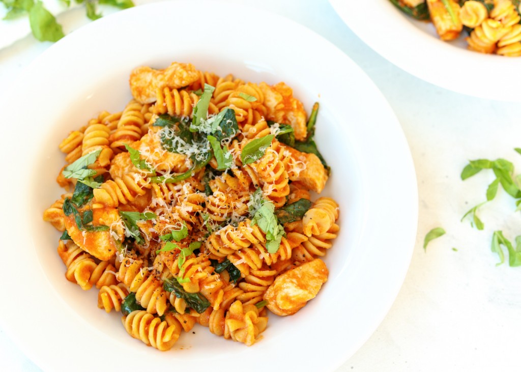 Skinny Chicken Fusilli Alla Vodka with Basil, Spinach and Parmesan