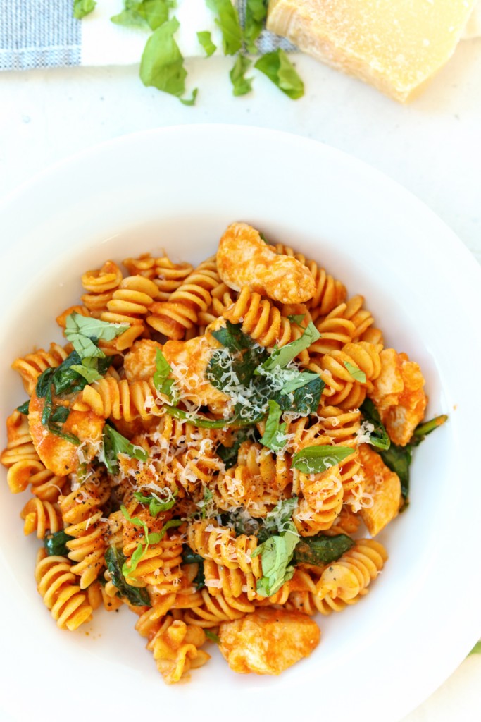 Skinny Chicken Fusilli Alla Vodka with Basil, Spinach and Parmesan  |  Lemon & Mocha