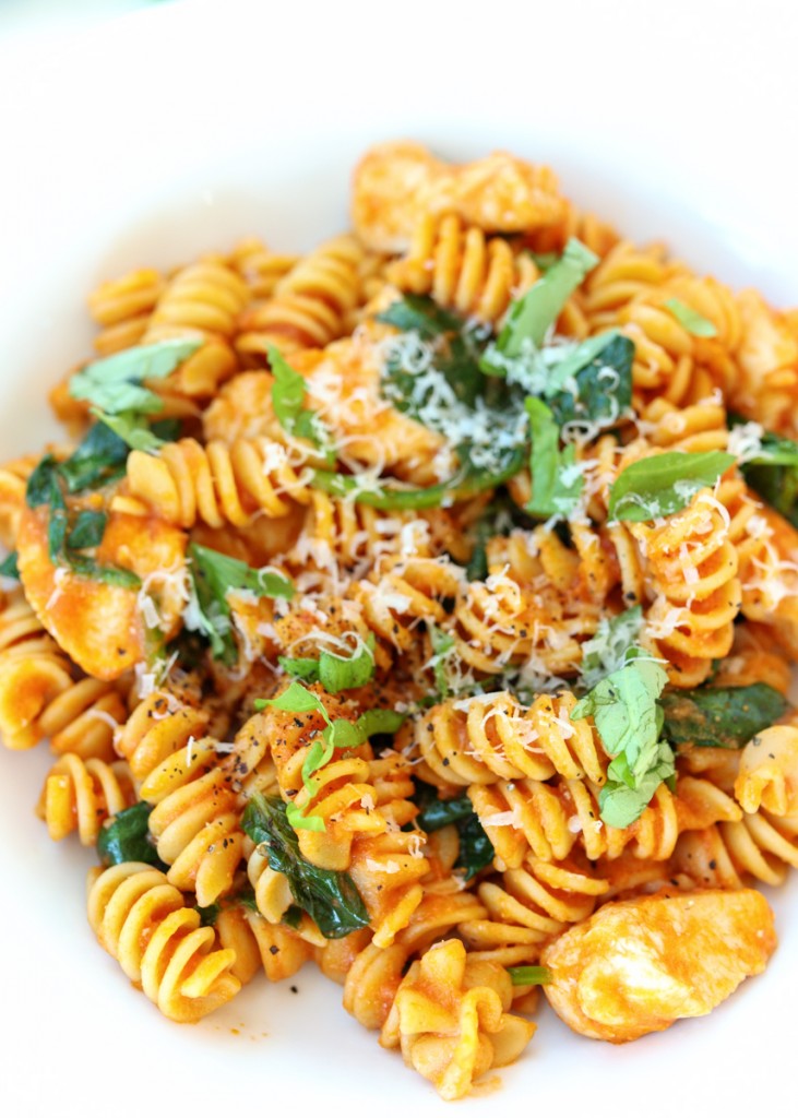 Skinny Chicken Fusilli Alla Vodka with Basil, Spinach and Parmesan  |  Lemon & Mocha