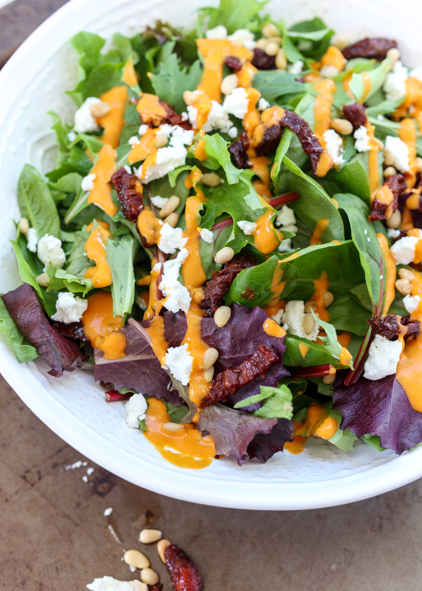 Mediterranean Salad with Roasted Red Pepper Vinaigrette