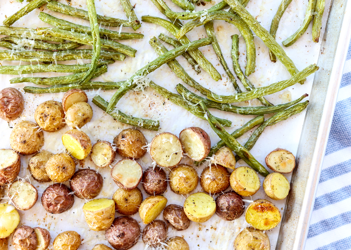 Sheet Pan Parmesan Roasted Green Beans and Baby Potatoes  |  Lemon & Mocha