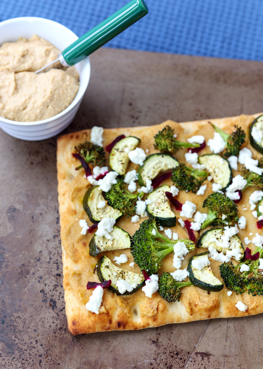 Hummus and Roasted Veggie Flatbread Pizza