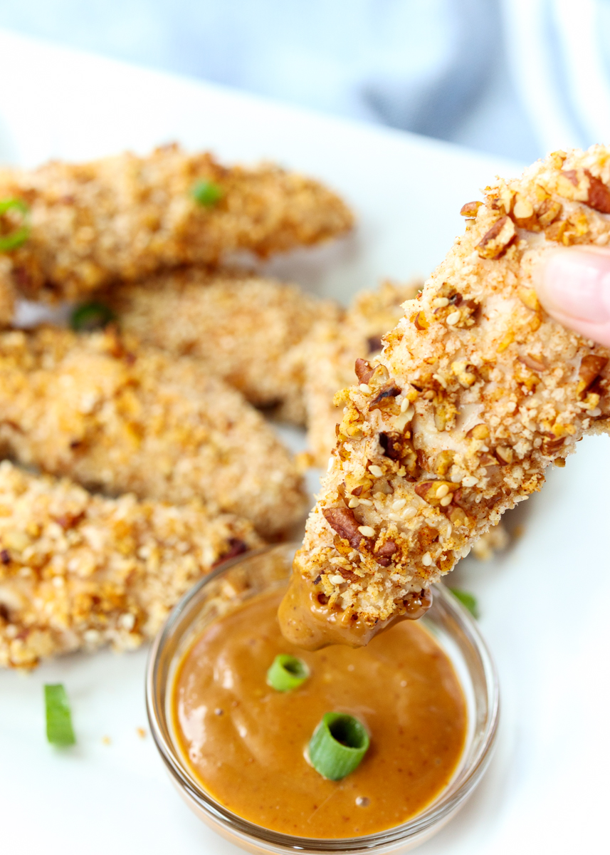 Crispy Sesame Pecan Chicken Tenders with a Hoisin Dipping Sauce