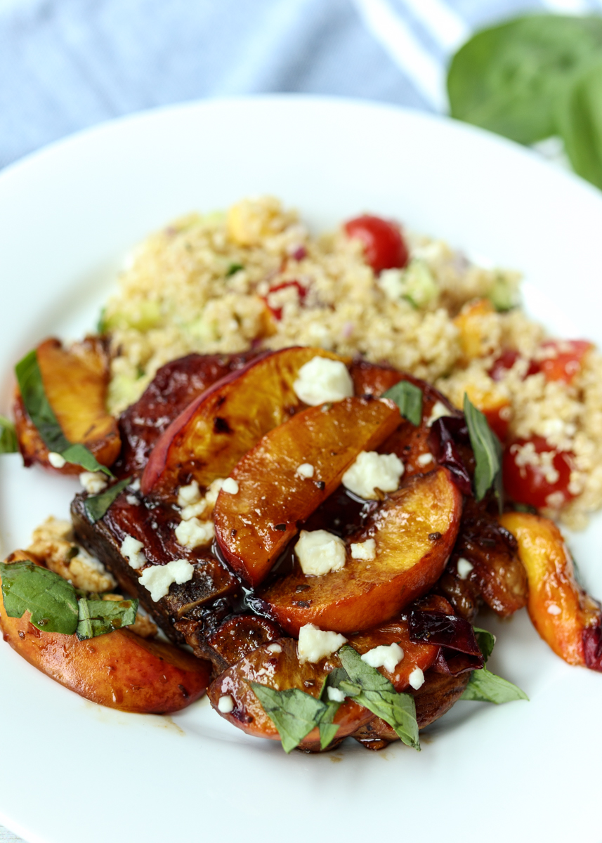 Skillet Balsamic Peach Pork Chops with Feta and Basil  |  Lemon & Mocha