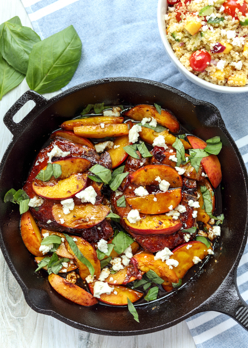 Skillet Balsamic Peach Pork Chops with Feta and Basil