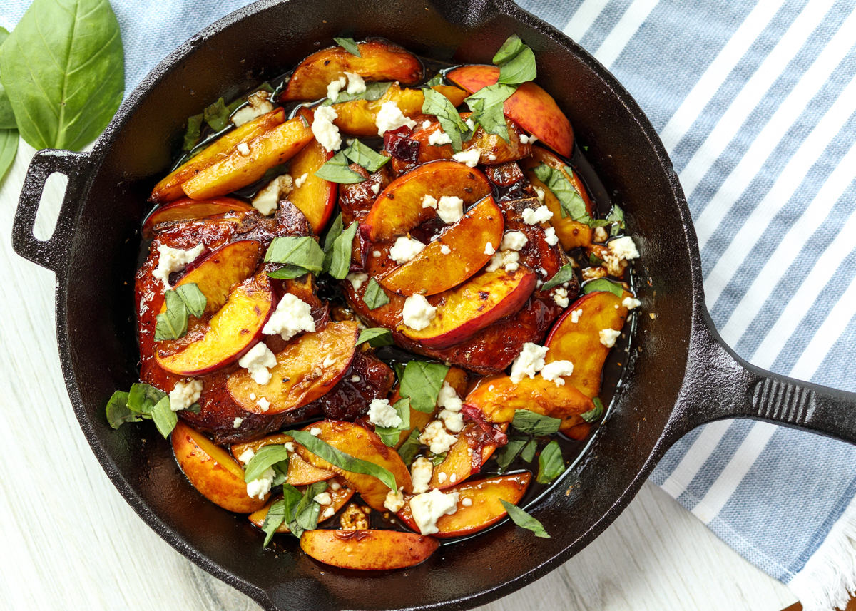 Skillet Balsamic Peach Pork Chops with Feta and Basil  |  Lemon & Mocha