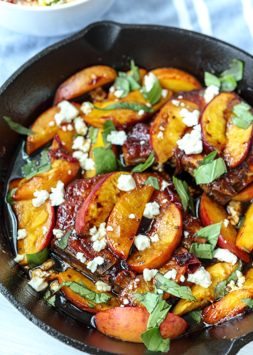 Skillet Balsamic Peach Pork Chops with Feta and Basil  |  Lemon & Mocha