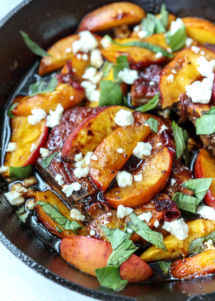 Skillet Balsamic Peach Pork Chops with Feta and Basil  |  Lemon & Mocha