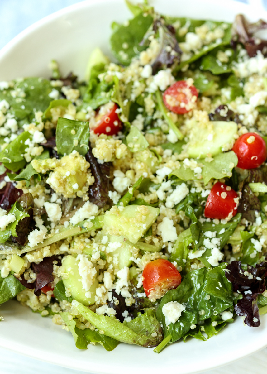 Quinoa Spinach and Greens Salad with a Roasted Garlic Lemon Vinaigrette  |  Lemon & Mocha