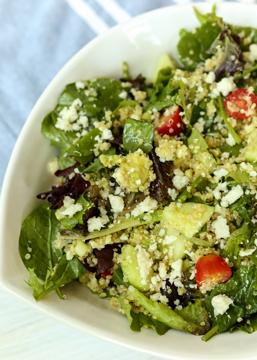 Quinoa Spinach and Greens Salad with a Roasted Garlic Lemon Vinaigrette  |  Lemon & Mocha